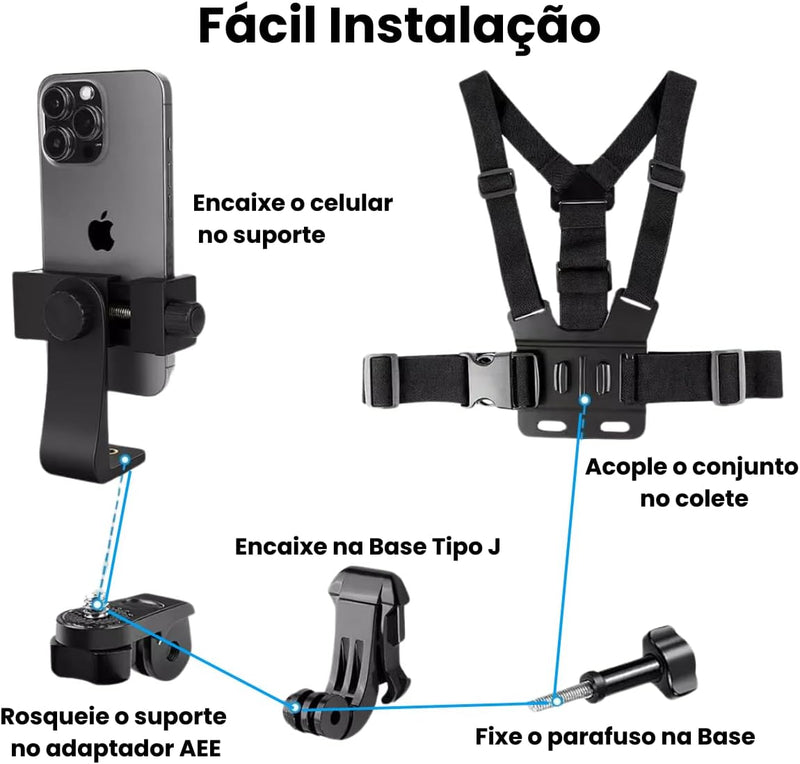 Suporte Peito Peitoral Para Celular E Câmera Esportiva Gopro Chest Band Ajustável 360° Colete Para Vídeo E Filmagem Esporte Moto E Bike Compatível iPhone Android Profissional Confortável TOMÓVI