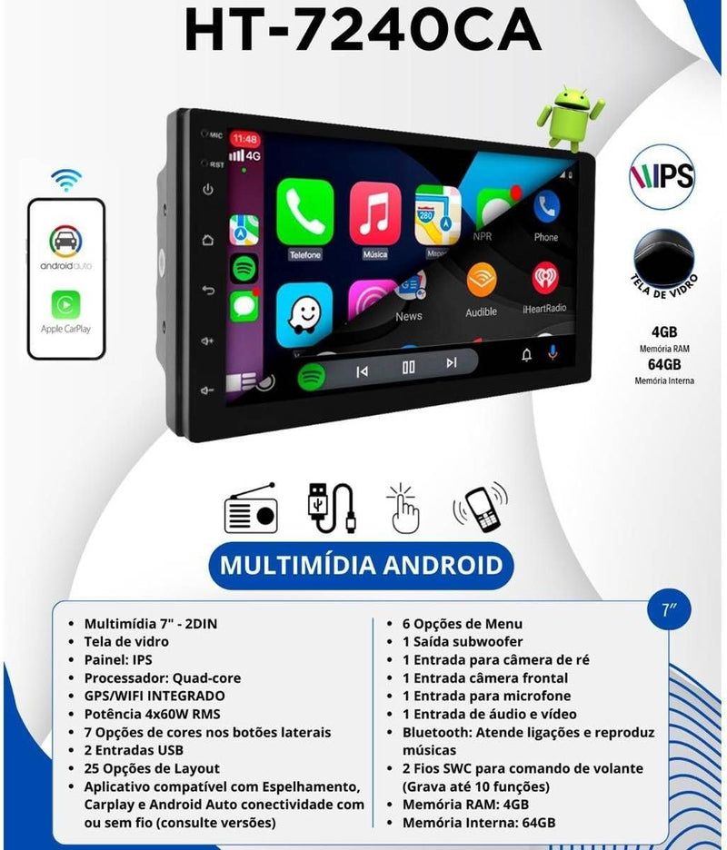 CENTRAL MULTIMÍDIA ANDROID 13, QUAD-CORE 4/64GB, TELA QLED 7" FULL TOUCH, 2 DIN SLIM, USB, SD, AUX, BLUETOOTH, ESPELHA ANDROID E IOS, CARPLAY E ANDROID AUTO COM OU SEM FIO