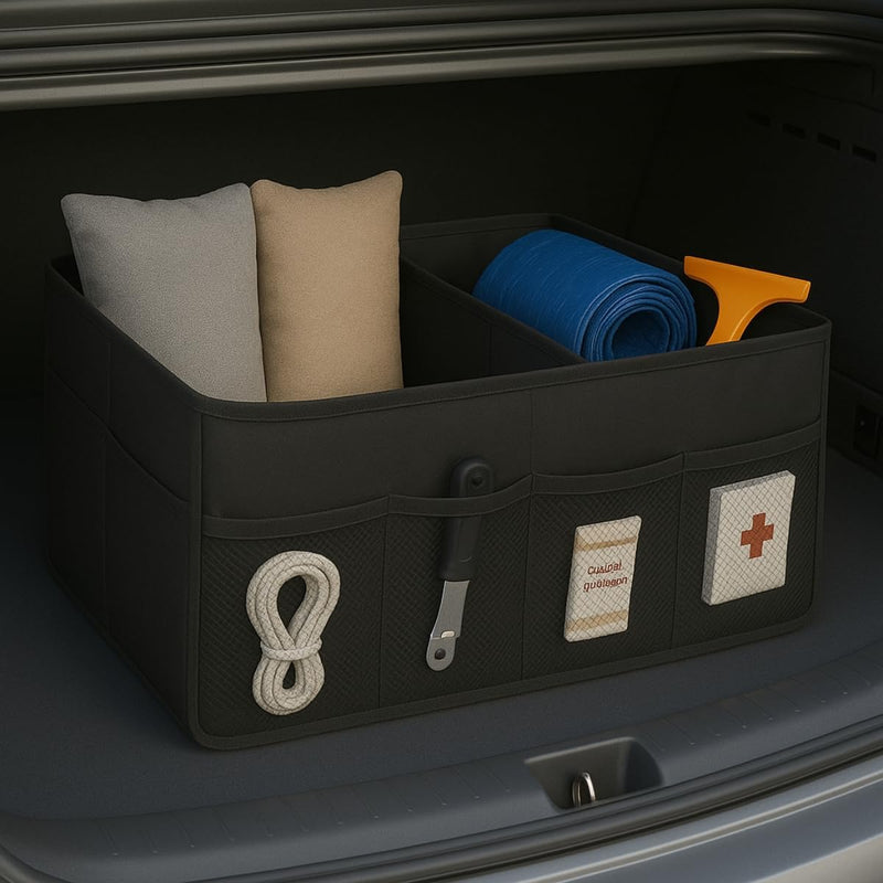 Organizador Porta Malas Carro Dobrável Impermeável com Alça, Divisórias e Bolso Externo, Baú Multiuso para Veículos, Viagens e Uso Diário
