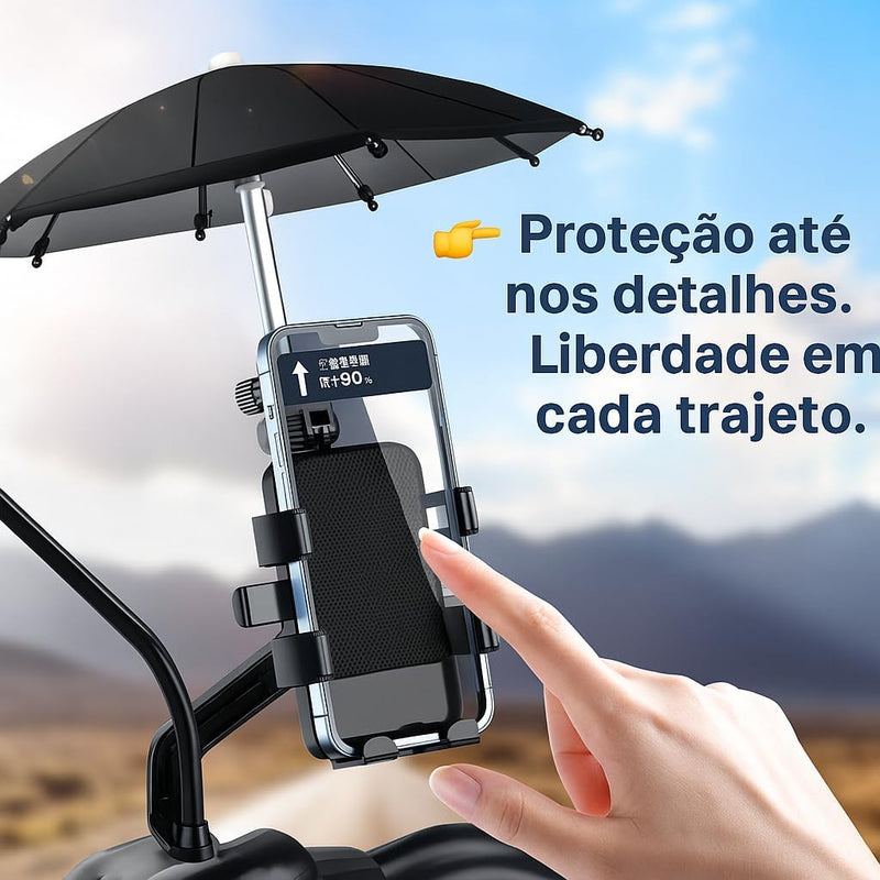 Suporte de Celular com Sombrinha para Moto e Bicicleta – Ajustável 360º, Fixação Ultra Segura, Proteção contra Sol e Chuva, Compatível com Diversos Modelos