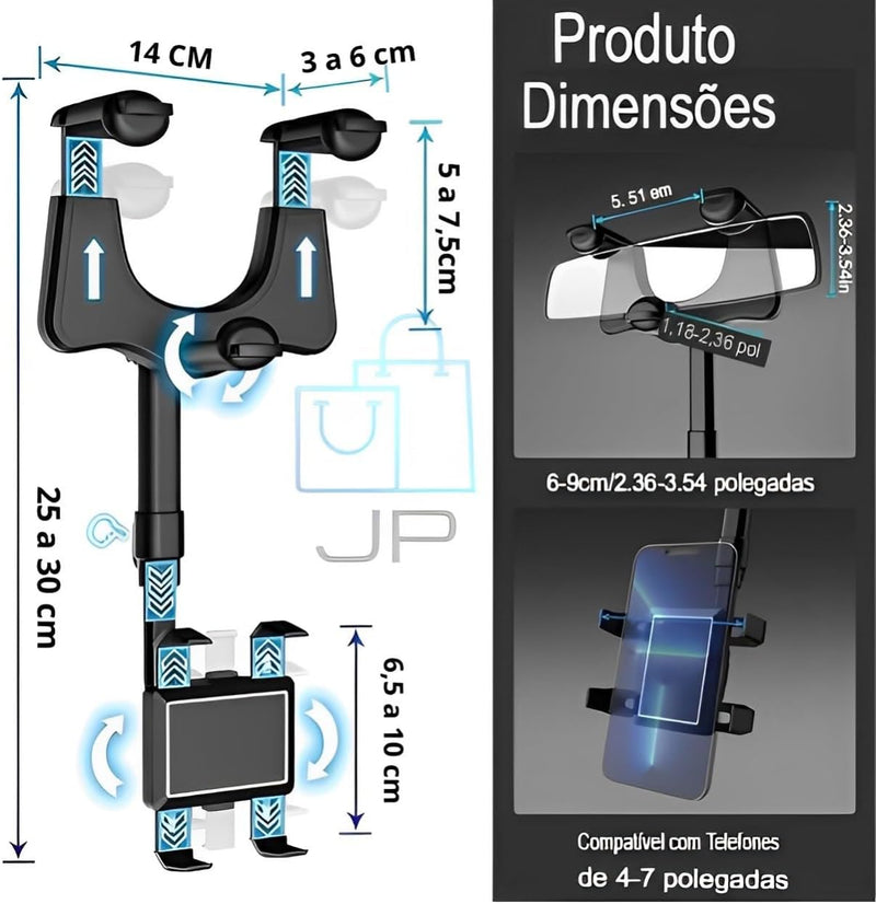 Suporte de Celular Carro Para Retrovisor - Ajustável, Antivibração e Rotação 360° - Compatível com Todos os Telefones e Veículos - JP Varejo Online®