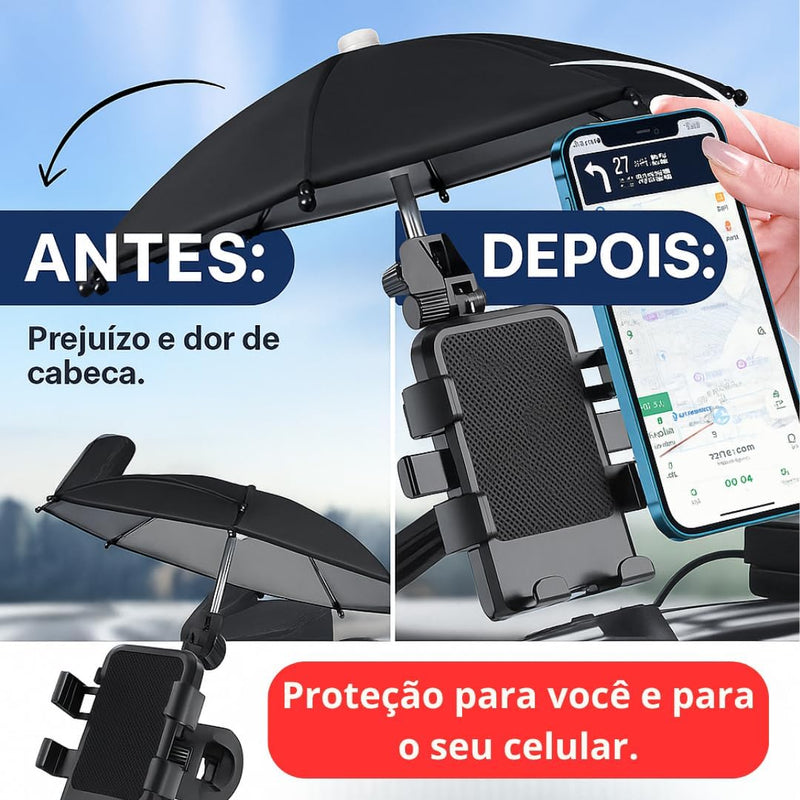 Suporte de Celular com Sombrinha para Moto e Bicicleta – Ajustável 360º, Fixação Ultra Segura, Proteção contra Sol e Chuva, Compatível com Diversos Modelos