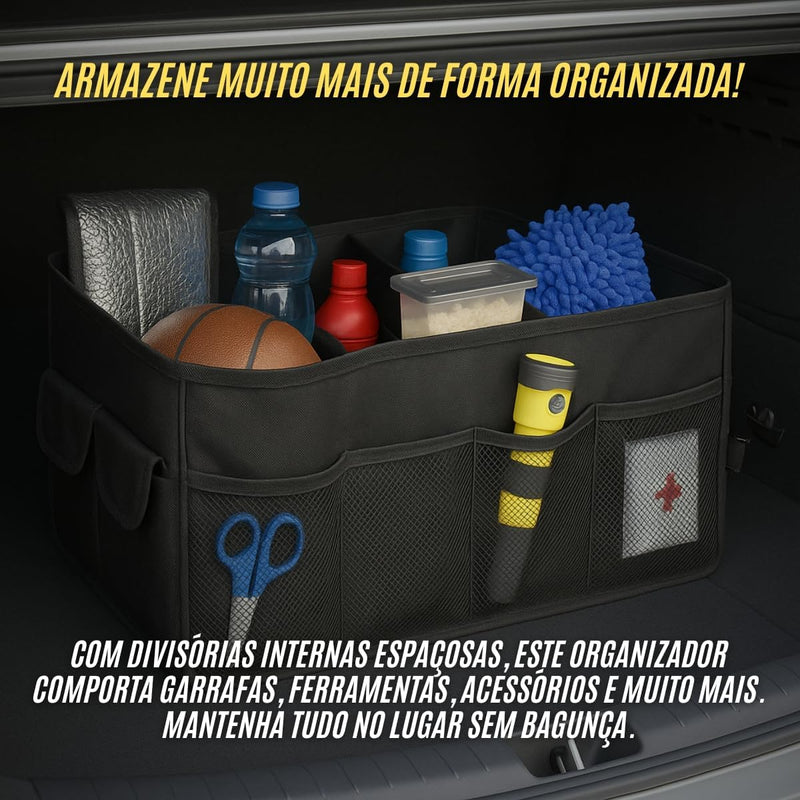 Organizador Porta Malas Carro Dobrável Impermeável com Alça, Divisórias e Bolso Externo, Baú Multiuso para Veículos, Viagens e Uso Diário