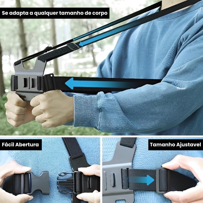 Suporte Peito Peitoral Para Celular E Câmera Esportiva Gopro Chest Band Ajustável 360° Colete Para Vídeo E Filmagem Esporte Moto E Bike Compatível iPhone Android Profissional Confortável TOMÓVI