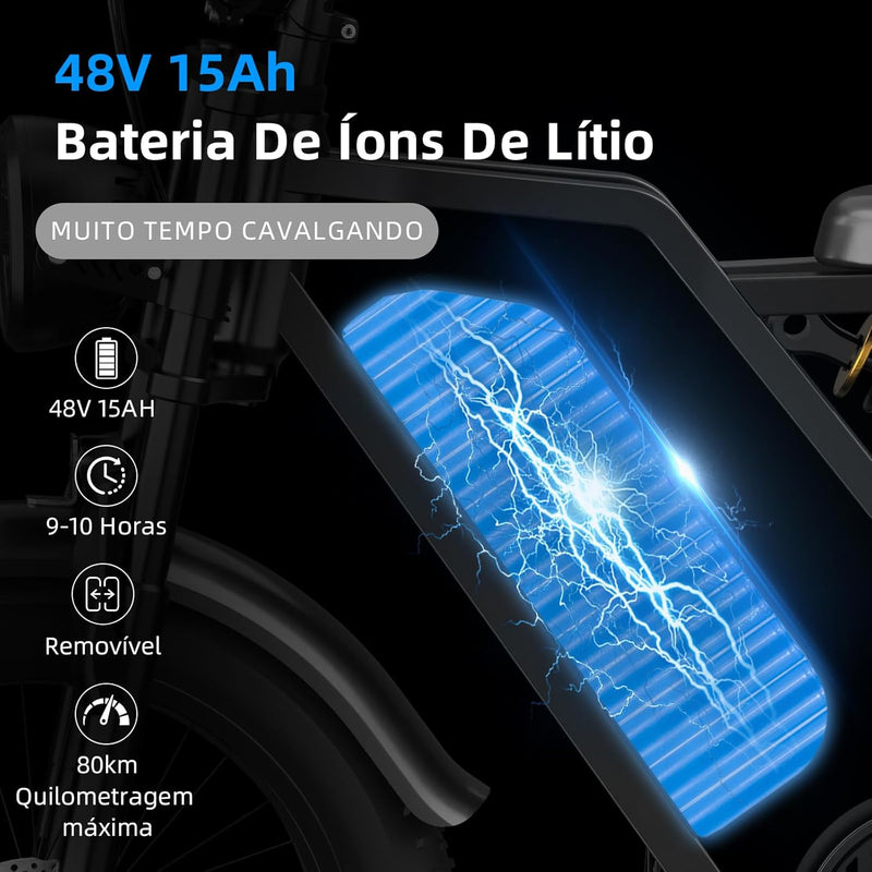 Bicicleta Elétrica para Adultos, Pneu Largo de 20”x4”, 500W e 70NM, Bicicleta Elétrica de Motocicleta de 7 Velocidades, Bateria de 48V, Moto de Terra Até 45Km/h. A única Loja Autorizada "Bemmy-BR"