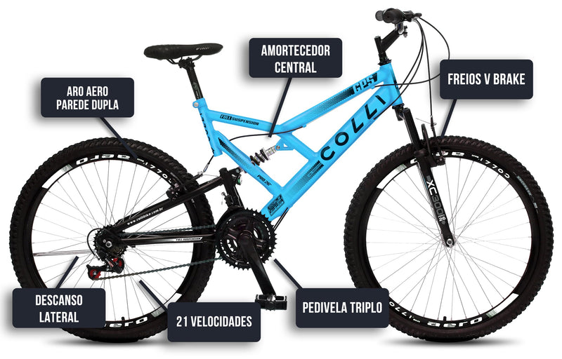 Bicicleta Colli 148 Aro 26 – Dupla Suspensão, 21 Marchas e Freios V-Brake | Aro Aero 36 Raias