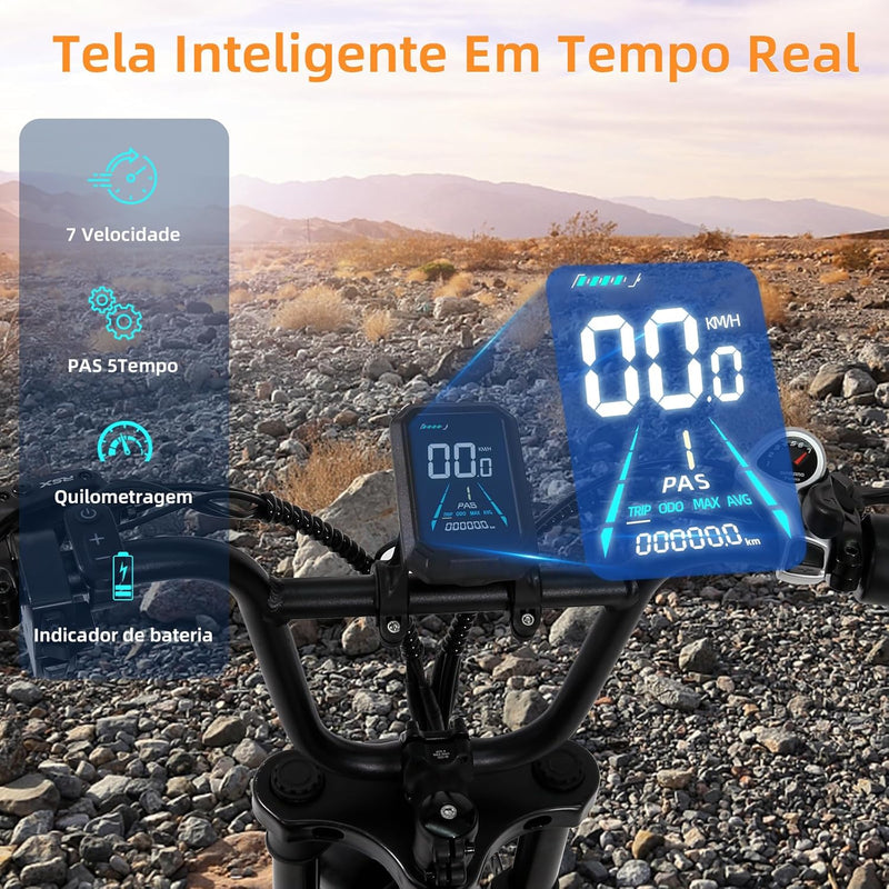 Bicicleta Elétrica para Adultos, Pneu Largo de 20”x4”, 500W e 70NM, Bicicleta Elétrica de Motocicleta de 7 Velocidades, Bateria de 48V, Moto de Terra Até 45Km/h. A única Loja Autorizada "Bemmy-BR"
