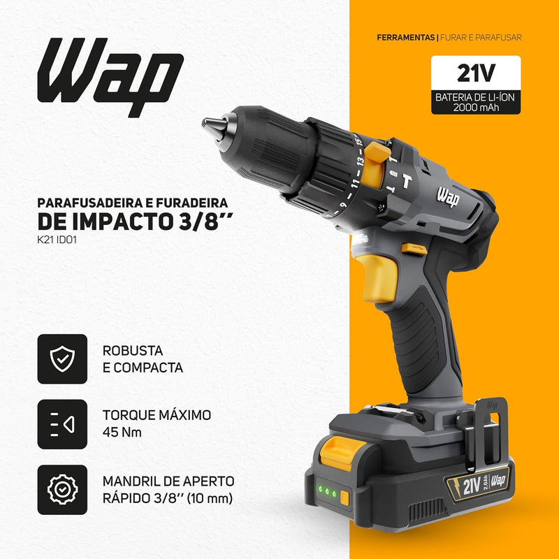 WAP Parafusadeira e Furadeira com Impacto à Bateria 3/8" 21V K21-ID01, com Maleta Organizadora, Torque 21 Níveis, Bivolt