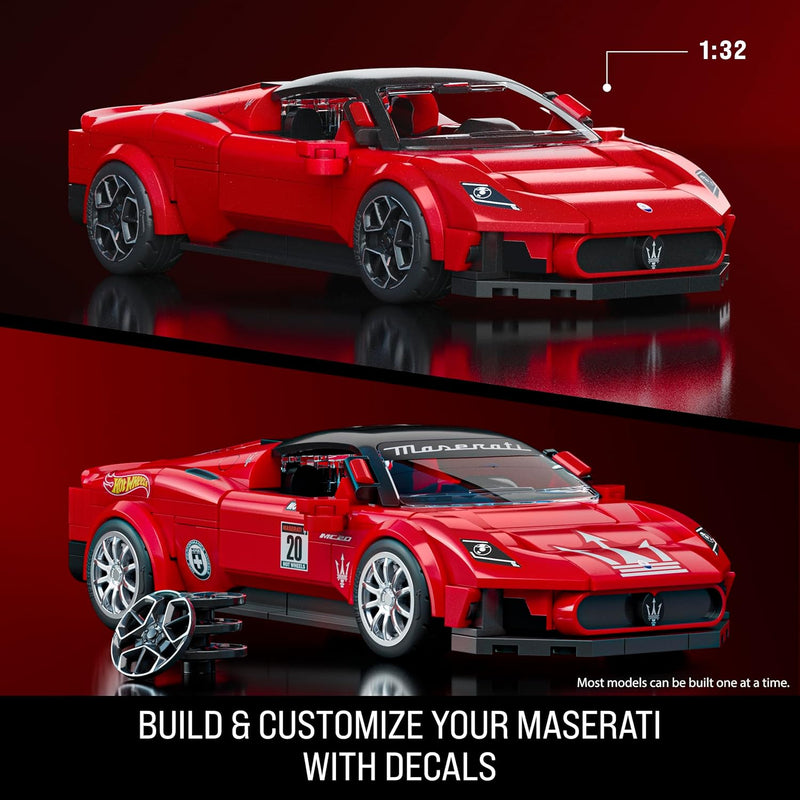 1. Hot Wheels Maserati MC20 1:32 – Jogo de Construção Mattel Brick Shop + Placa Exclusiva | Item Premium para Colecionadores