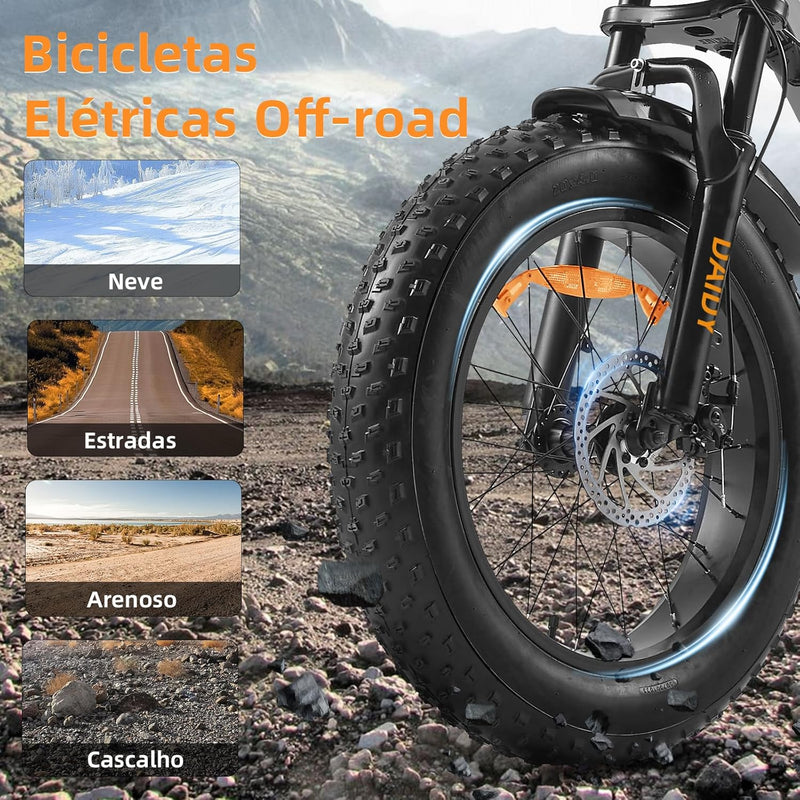 Bicicleta Elétrica para Adultos, Pneu Largo de 20”x4”, 500W e 70NM, Bicicleta Elétrica de Motocicleta de 7 Velocidades, Bateria de 48V, Moto de Terra Até 45Km/h. A única Loja Autorizada "Bemmy-BR"