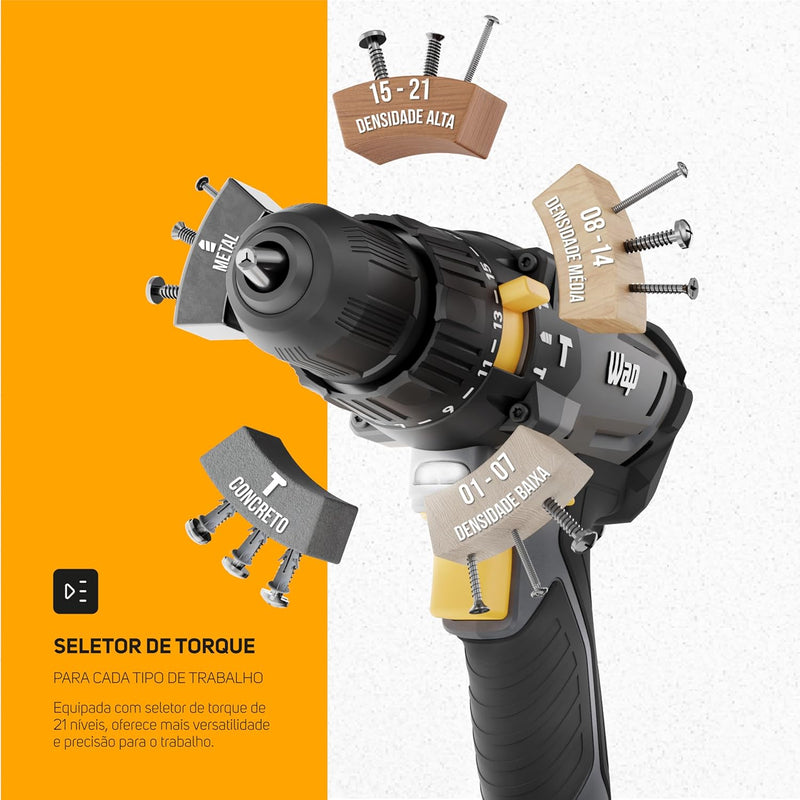 WAP Parafusadeira e Furadeira com Impacto à Bateria 3/8" 21V K21-ID01, com Maleta Organizadora, Torque 21 Níveis, Bivolt