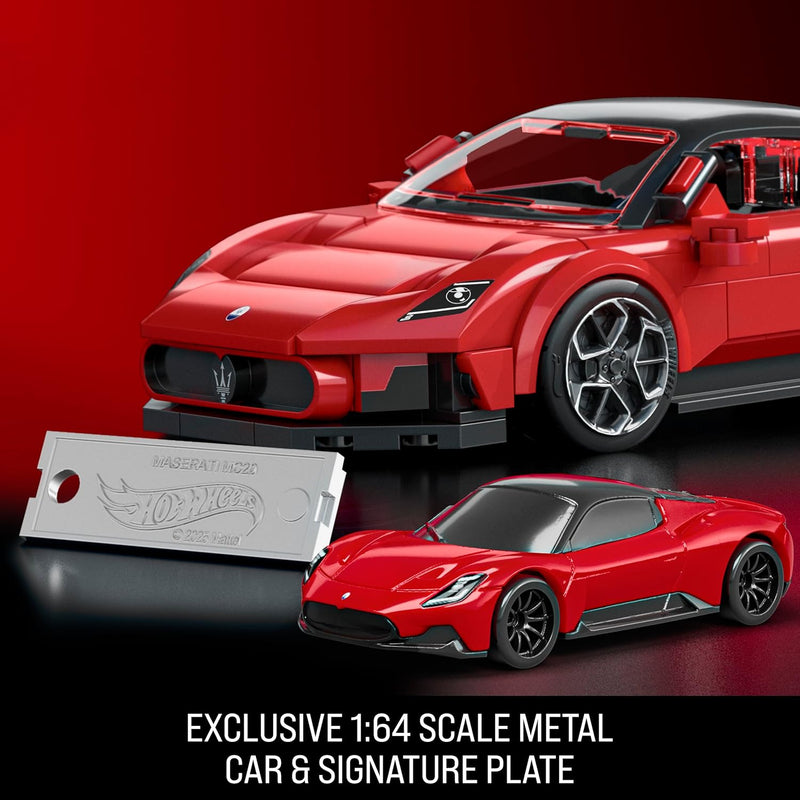 1. Hot Wheels Maserati MC20 1:32 – Jogo de Construção Mattel Brick Shop + Placa Exclusiva | Item Premium para Colecionadores