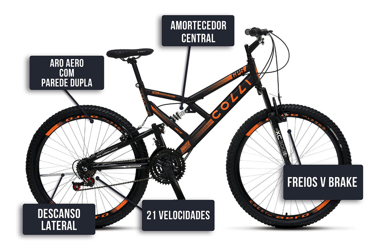 Bicicleta Colli 148 Aro 26 – Dupla Suspensão, 21 Marchas e Freios V-Brake | Aro Aero 36 Raias
