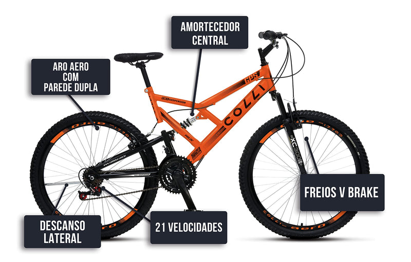 Bicicleta Colli 148 Aro 26 – Dupla Suspensão, 21 Marchas e Freios V-Brake | Aro Aero 36 Raias