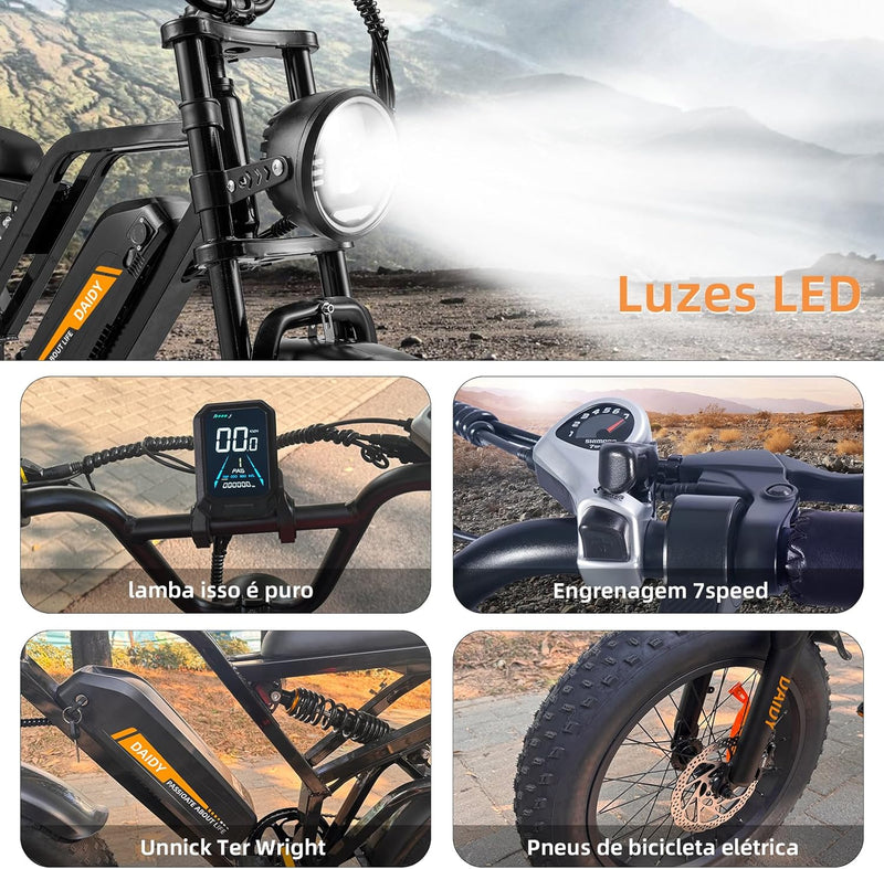 Bicicleta Elétrica para Adultos, Pneu Largo de 20”x4”, 500W e 70NM, Bicicleta Elétrica de Motocicleta de 7 Velocidades, Bateria de 48V, Moto de Terra Até 45Km/h. A única Loja Autorizada "Bemmy-BR"