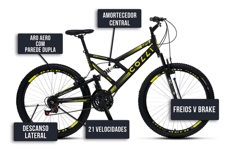 Bicicleta Colli 148 Aro 26 – Dupla Suspensão, 21 Marchas e Freios V-Brake | Aro Aero 36 Raias
