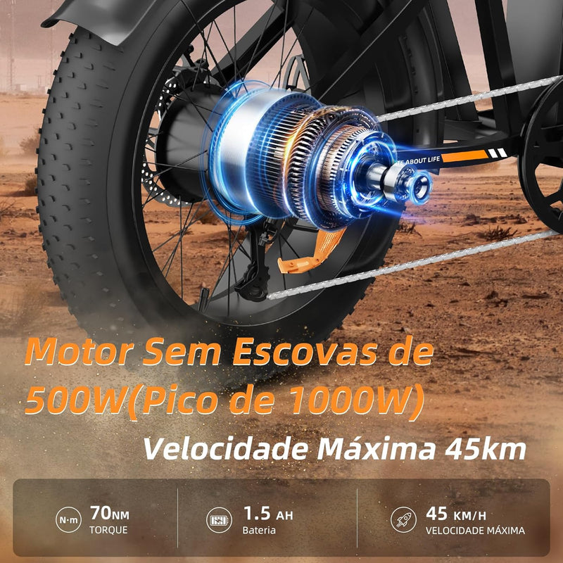 Bicicleta Elétrica para Adultos, Pneu Largo de 20”x4”, 500W e 70NM, Bicicleta Elétrica de Motocicleta de 7 Velocidades, Bateria de 48V, Moto de Terra Até 45Km/h. A única Loja Autorizada "Bemmy-BR"