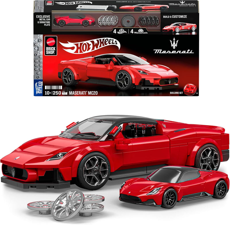 1. Hot Wheels Maserati MC20 1:32 – Jogo de Construção Mattel Brick Shop + Placa Exclusiva | Item Premium para Colecionadores