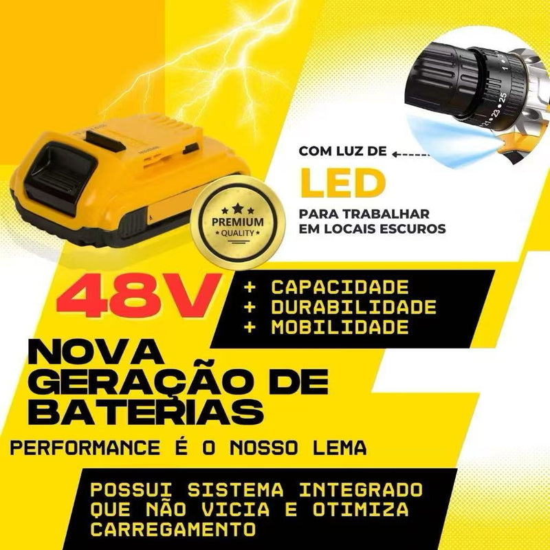 Furadeira/Parafusadeira de Impacto 48V – Combo Premium com Dupla Bateria e Kit Completo de Acessórios