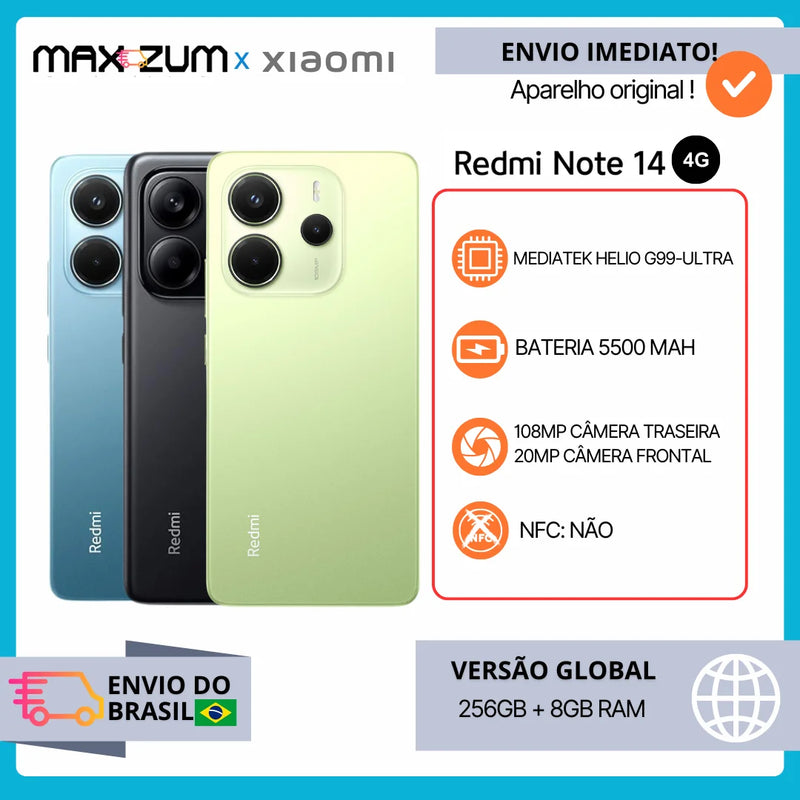1. Xiaomi Redmi Note 14 4G Global – 8GB + 256GB, Tela 6.67" AMOLED, Câmera 108MP, Bateria 5500mAh 33W